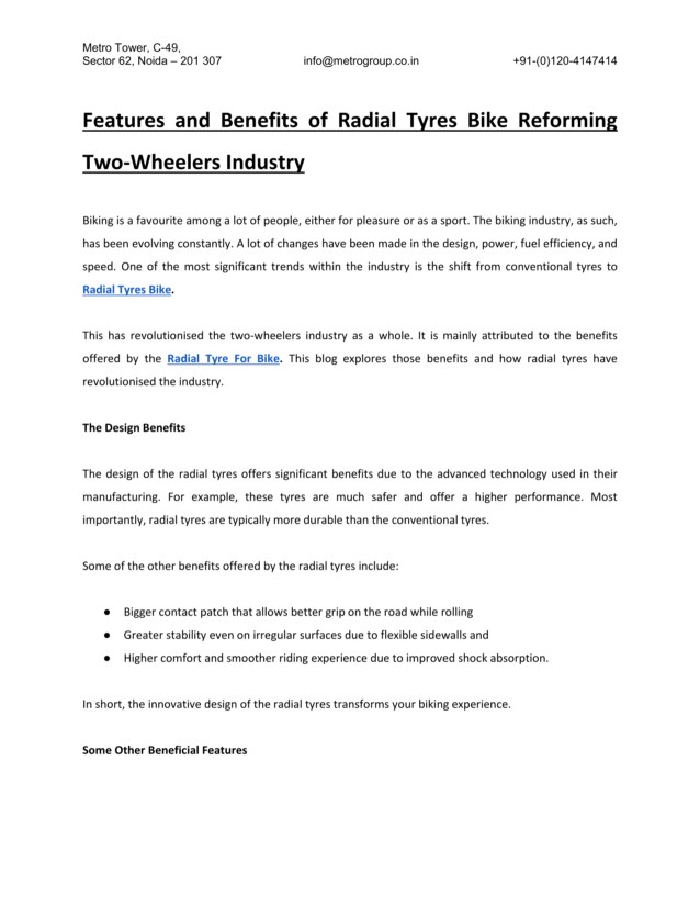 Features and Benefits of Radial Tyres Bike Reforming Two-Wheelers Industry